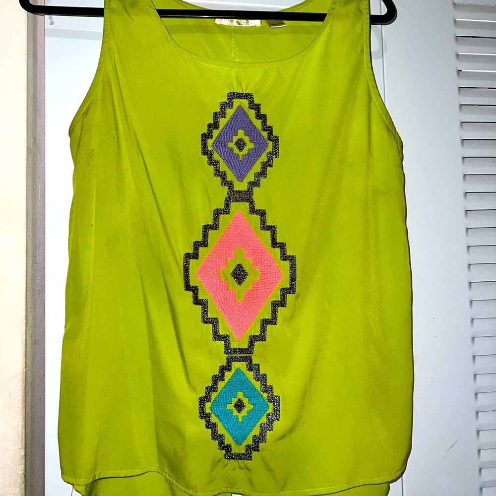 Bright Lime Green Blouse Geometric Designs Size Medium